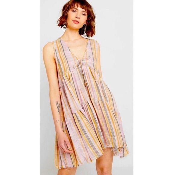 NWT FREE PEOPLE Sz M FREEBIRD STRIPED TIERED MINI TUNIC DRESS - Picture 2 of 3